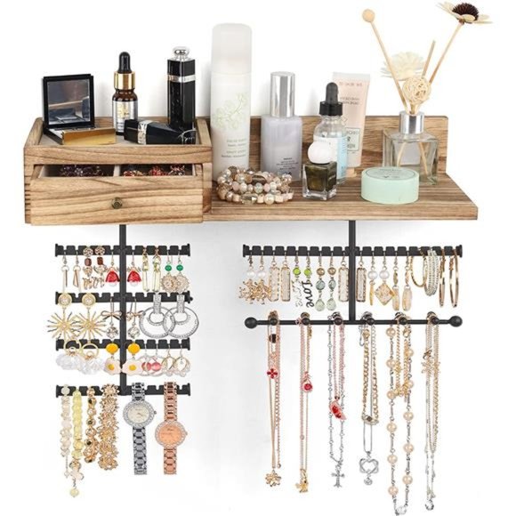 Jewelry Organizer Hanging Wall Mounted Jewelry Holder with Rustic Wood Drawer - Picture 1 of 6